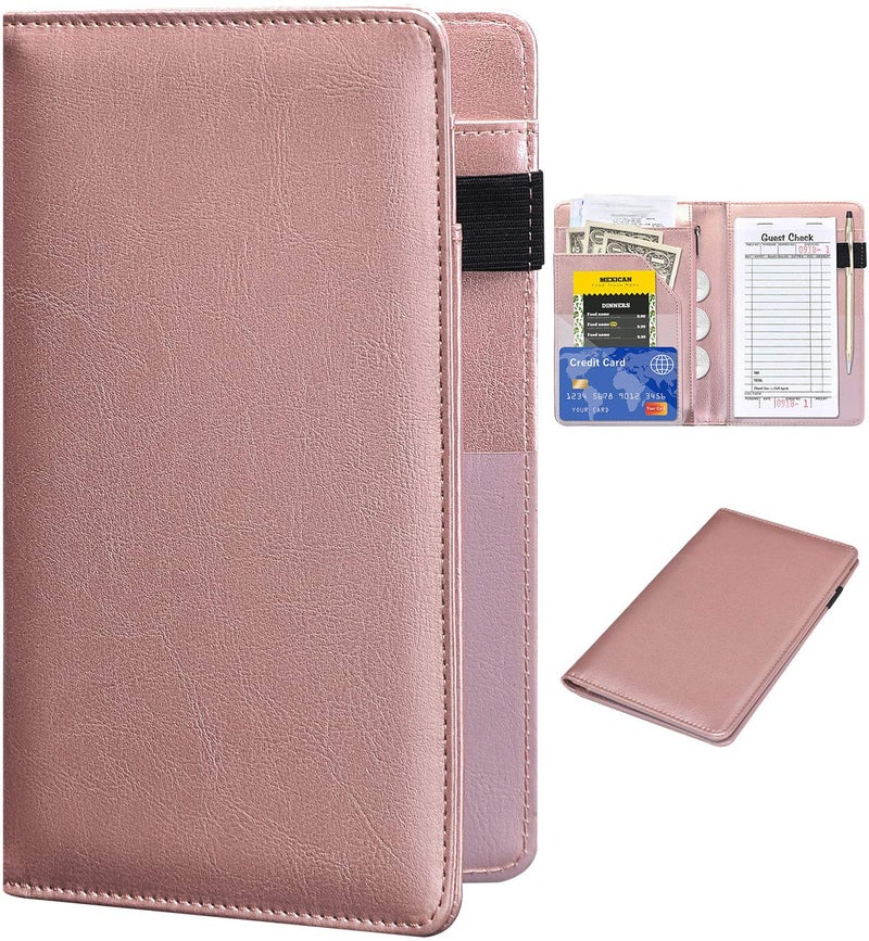 HerriaT Server Books for Waitress - Leather Waiter Book Server Wallet with Zipper Pocket, Cute Waitress Book&Waitstaff Organizer with Money Pocket Fit Server Apronï¼ˆClassic Rose Goldï¼‰ - Image 1